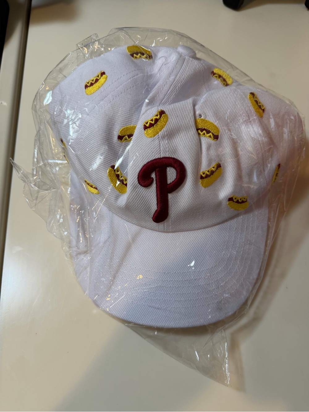 Kids White Baseball Cap with Hot Dog Embroidery